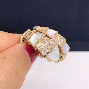 Bvlgari Serpenti one-coil ring in 18 kt rose gold, set with white mother of pearls elements and demi pavé diamonds