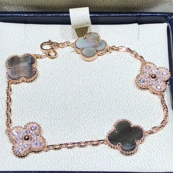 VCA Vintage Alhambra bracelet, 5 motifs Rose gold, Mother-of-pearl, Diamond