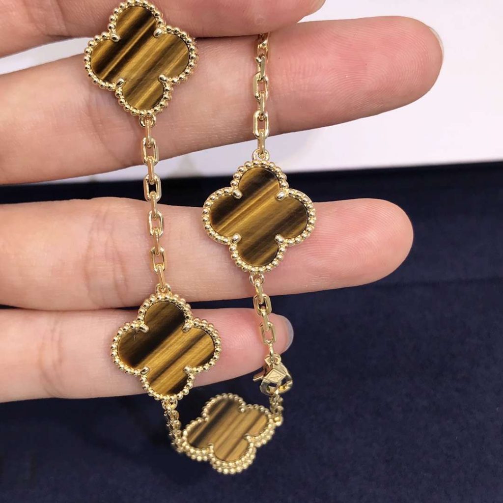 Vintage Alhambra bracelet, 5 motifs Yellow gold, Tiger Eye