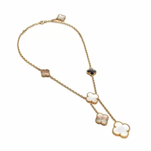 Van Cleef & Arpels Magic Alhambra necklace, 6 motifs, yellow gold, white and gray mother-of-pearl, onyx.