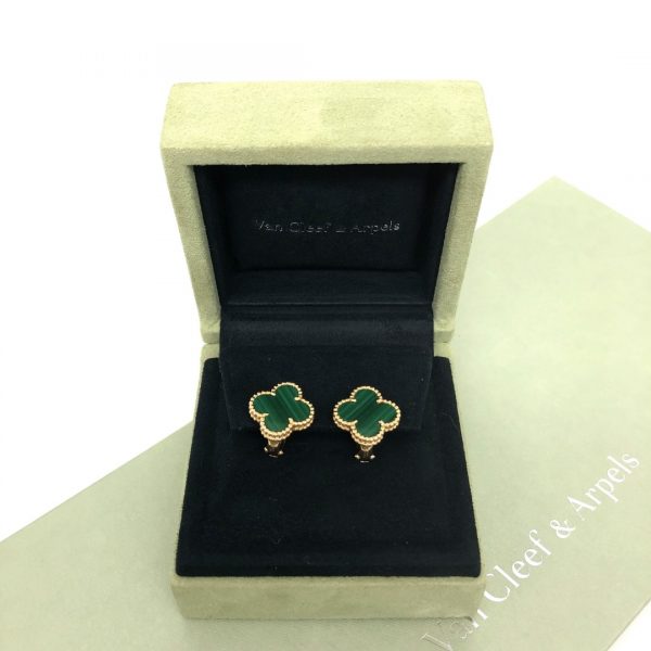VCA Vintage Alhambra Earrings, 18k Yellow gold, Malachite