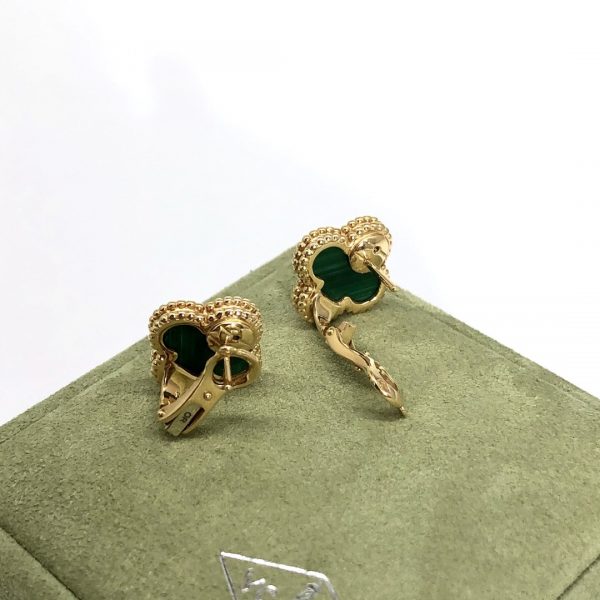VCA Vintage Alhambra Earrings, 18k Yellow gold, Malachite