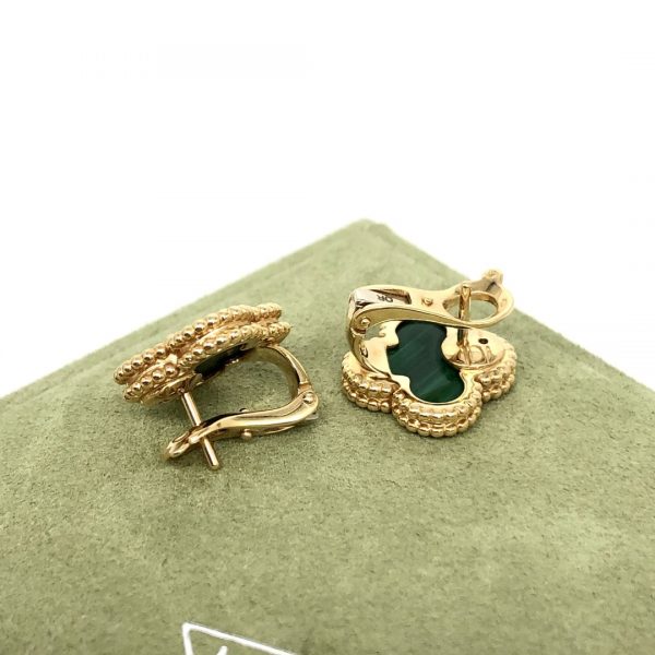 VCA Vintage Alhambra Earrings, 18k Yellow gold, Malachite