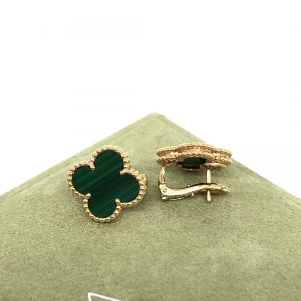 VCA Vintage Alhambra Earrings, 18k Yellow gold, Malachite