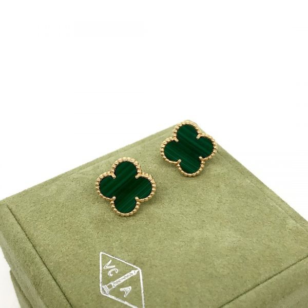 VCA Vintage Alhambra Earrings, 18k Yellow gold, Malachite