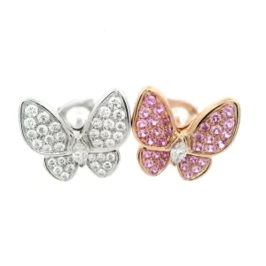 18K Gold Two Butterfly Diamond Pink Sapphires Earrings