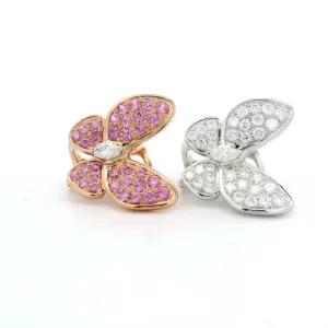 18K Gold Two Butterfly Diamond Pink Sapphires Earrings