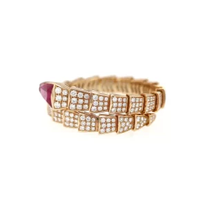 Bvlgari 18K Rose Gold Red Tourmaline and Diamond Solitaire Bangle