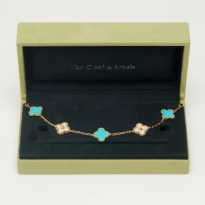 Van Cleef Arpels Vintage Alhambra 5 Motifs Turquoise Diamonds Bracelet